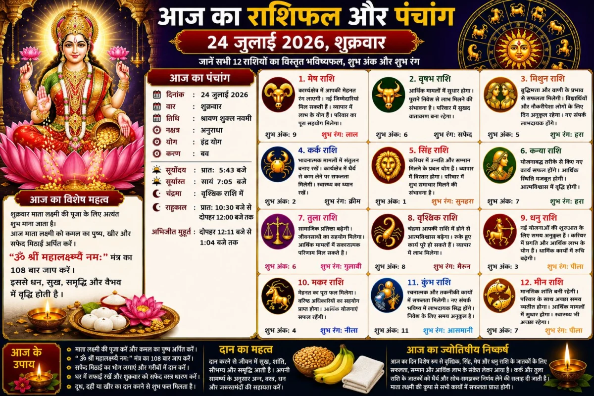 आज का राशिफल और पंचांग: 24 जुलाई 2026, शुक्रवार – जानें सभी 12 राशियों का विस्तृत भविष्यफल, शुभ अंक और शुभ रंग