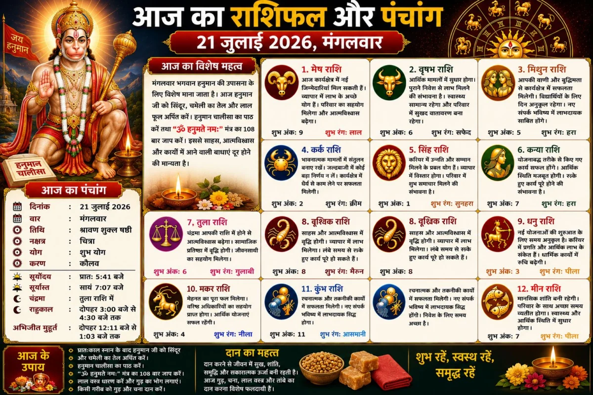 आज का राशिफल और पंचांग: 21 जुलाई 2026, मंगलवार – जानें सभी 12 राशियों का विस्तृत भविष्यफल, शुभ अंक और शुभ रंग