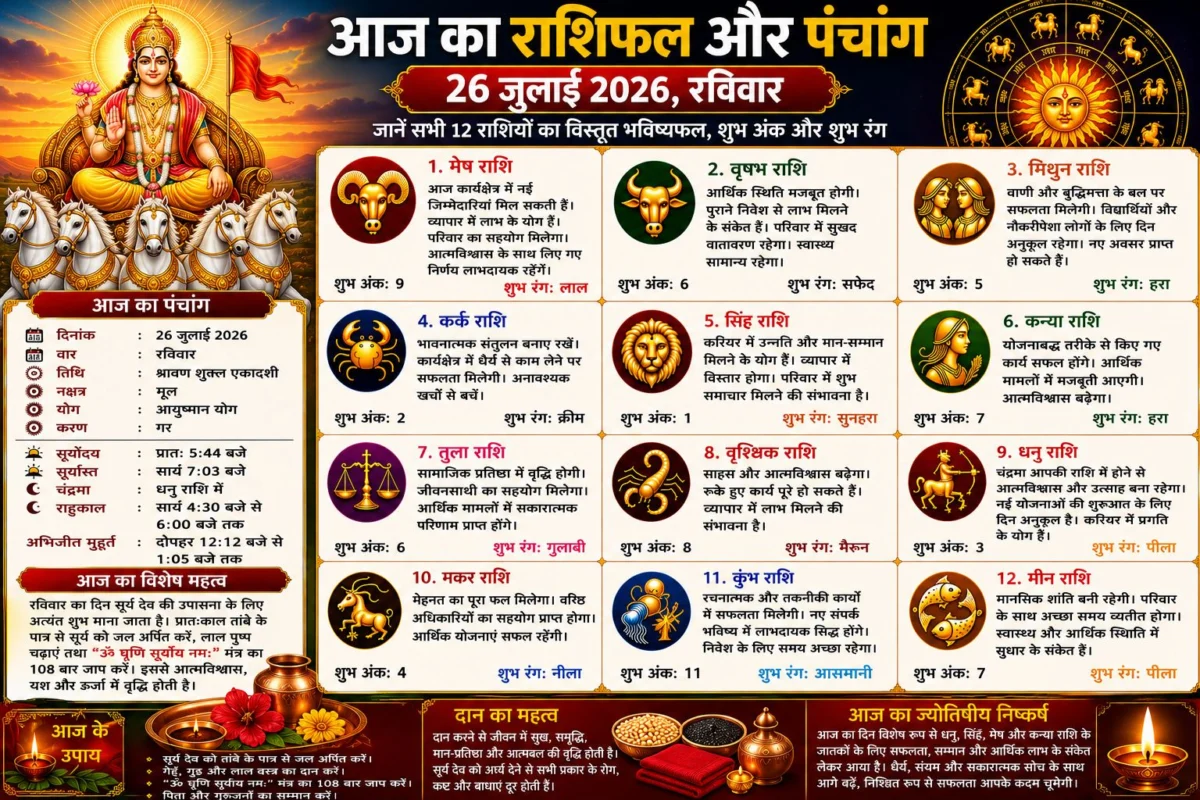 आज का राशिफल और पंचांग: 26 जुलाई 2026, रविवार – जानें सभी 12 राशियों का विस्तृत भविष्यफल, शुभ अंक और शुभ रंग