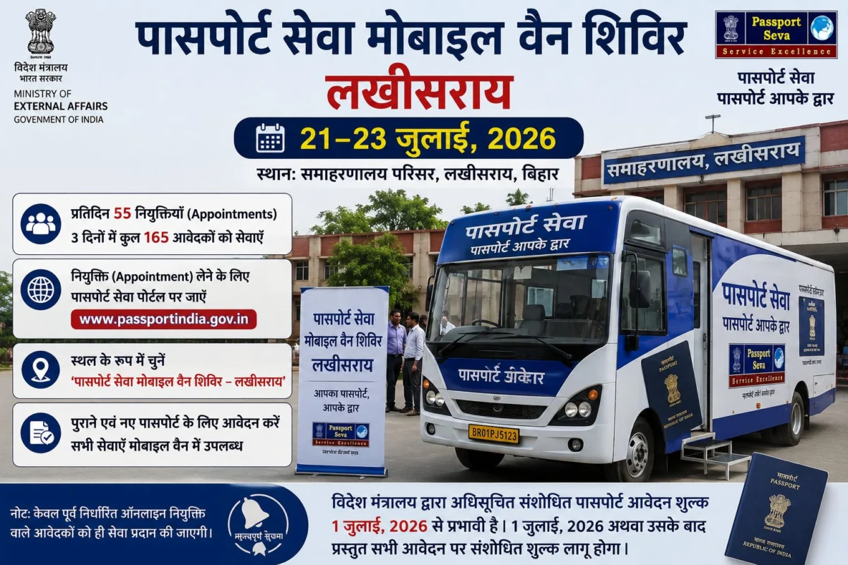 लखीसराय में 21 से 23 जुलाई तक लगेगा पासपोर्ट सेवा मोबाइल वैन शिविर, 165 आवेदकों को मिलेगी मौके पर सुविधा