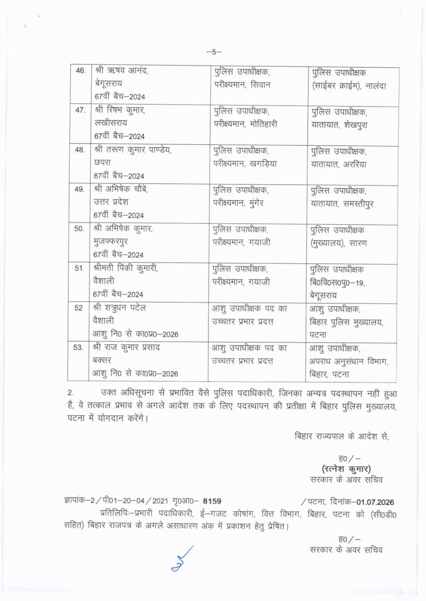 बिहार पुलिस महकमे में बड़ा फेरबदल: 53 डीएसपी का तबादला, गृह विभाग ने जारी की नई पोस्टिंग सूची
